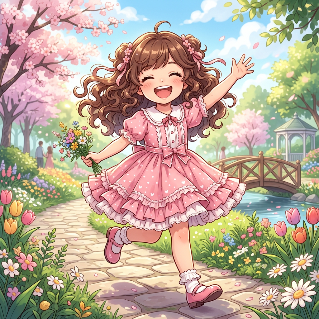 Smiling girl in pink dress running on garden path with flowers and trees