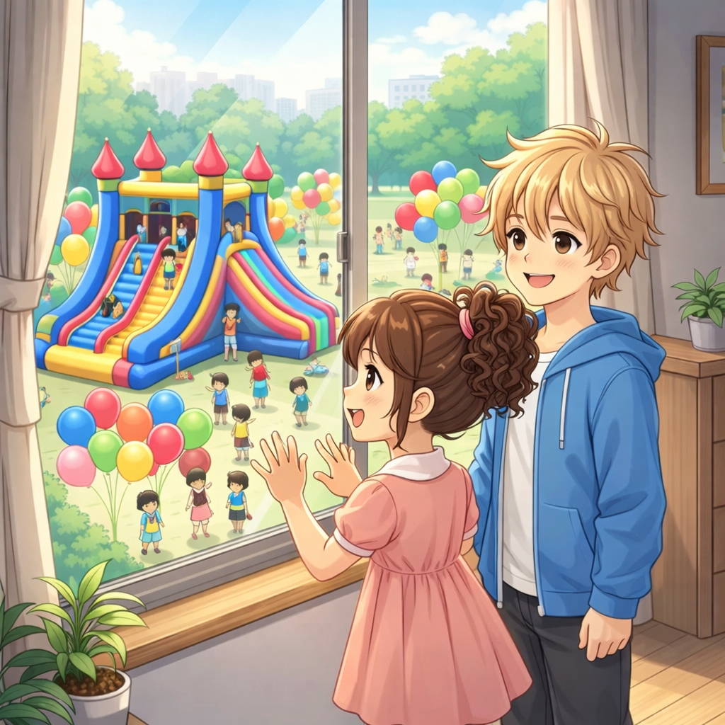 Two children looking out a window at a playground with swings, slides, and climbing structures