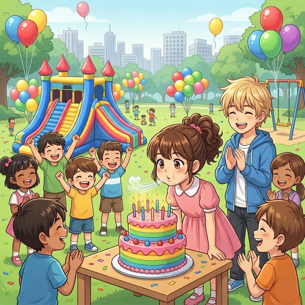 Two children looking out a window at a playground with swings, slides, and climbing structures