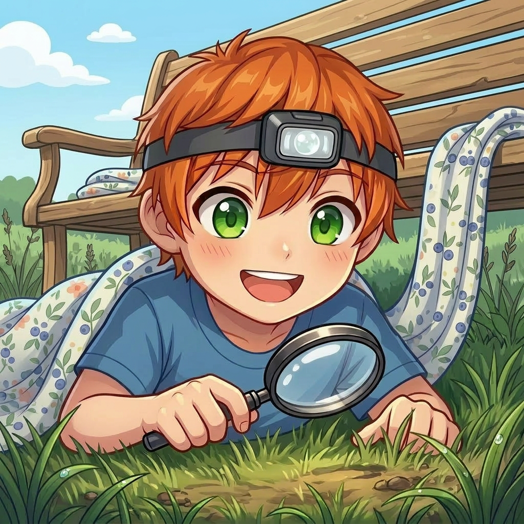 Smiling red-haired boy with green eyes wearing a blue shirt outdoors