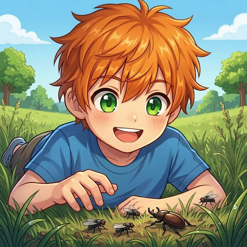 Smiling red-haired boy with green eyes wearing a blue shirt outdoors